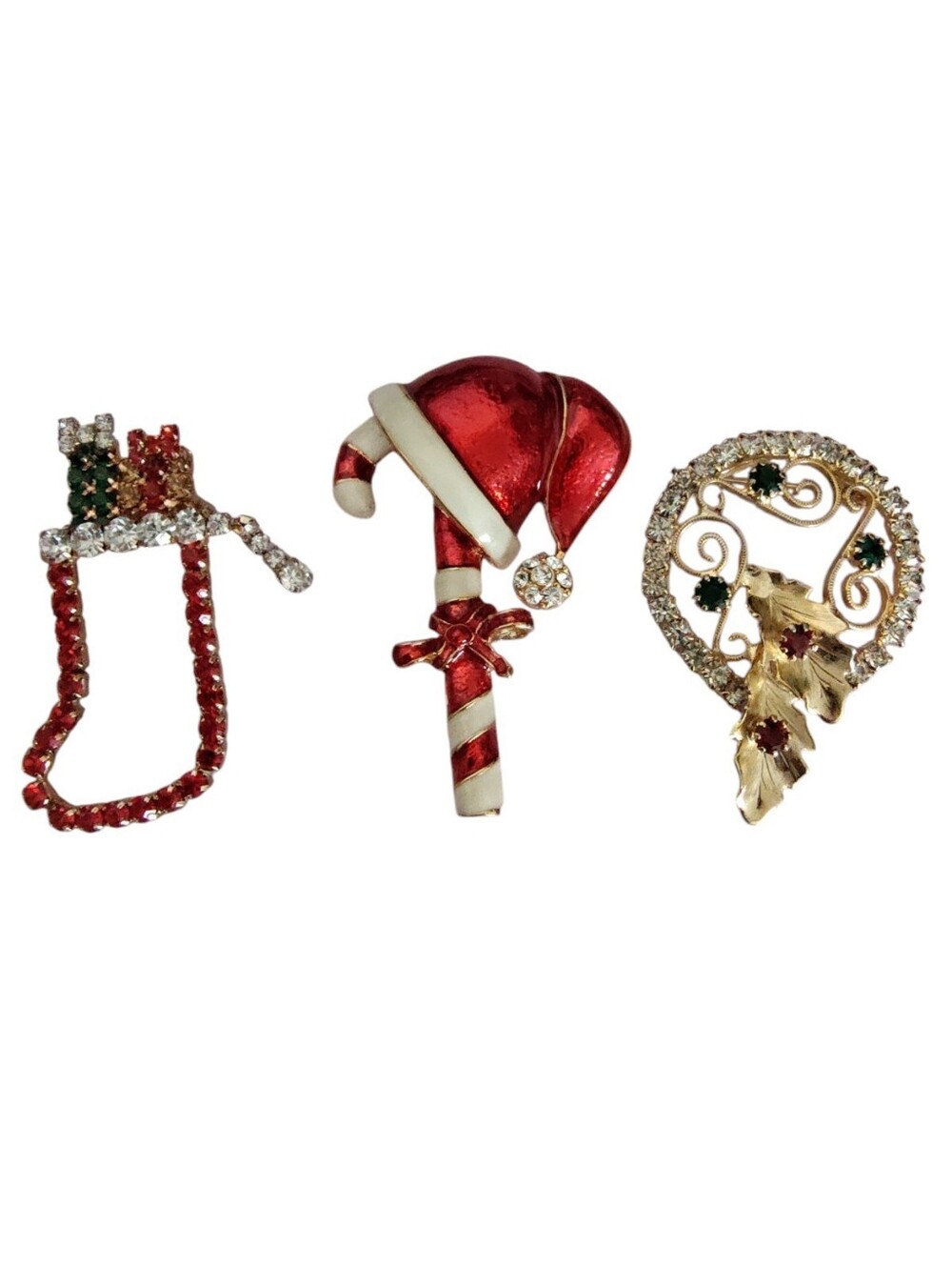 Vintage Style Christmas Brooch Lot – 3 Holiday Rhinestone Pins